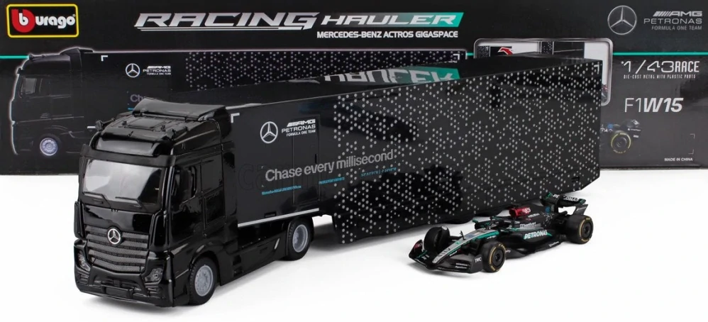 Model Mercedes AMG F1 W15 BBurago #63 George Russell 2024 s kamionem Mercedes Actros 1:43