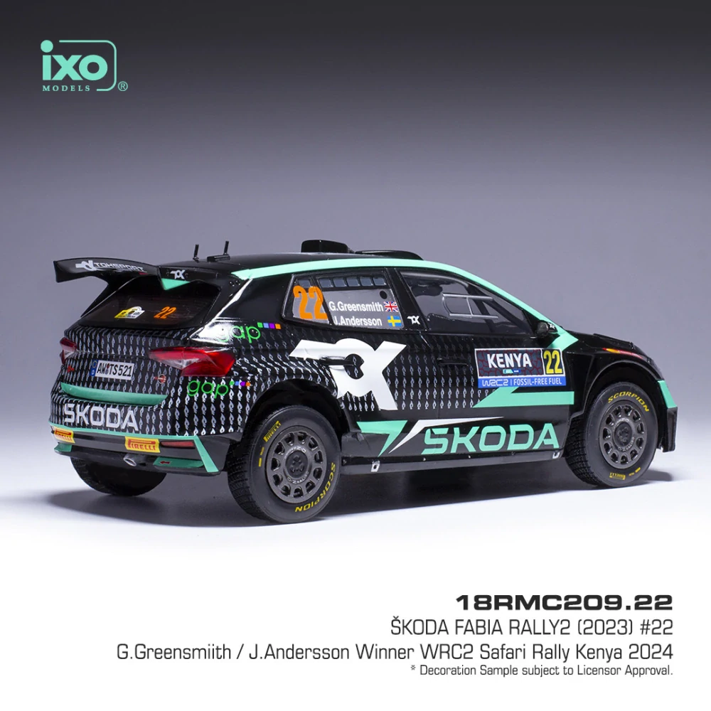 Model IXO Škoda Fabia Rally2, WRC, Safari Rallye Kenia, 2024, #22, 1:18