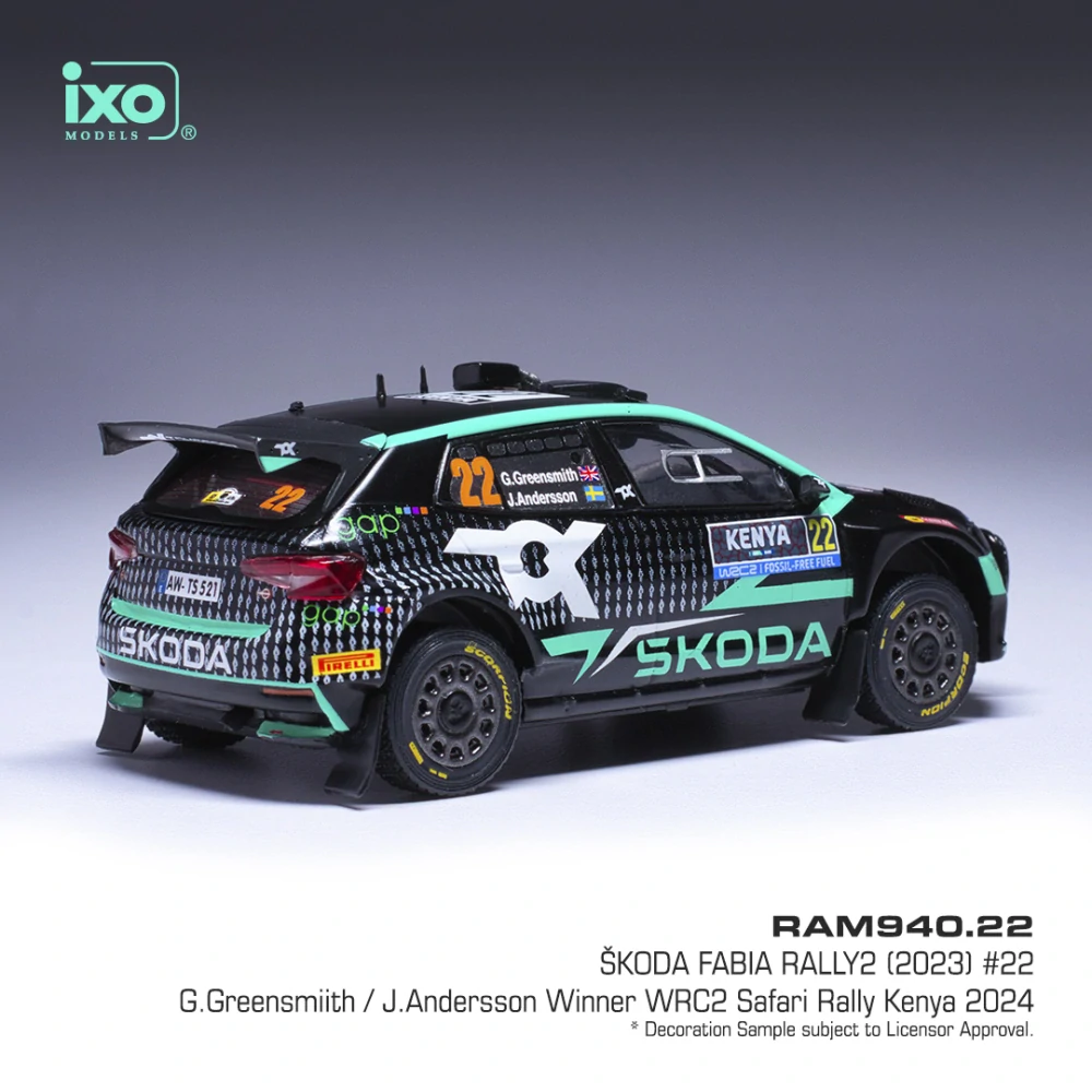 Model IXO Škoda Fabia Rally2 #22 Greensmith/Andersson WRC Safari Rallye Kenia 2024 1:43