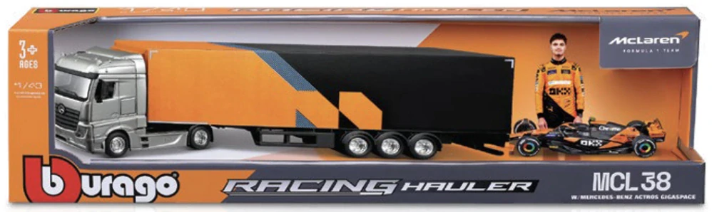 Model McLaren MCL 38  BBurago #4 Lando Norris 2024 s kamionem Mercedes  1:43 