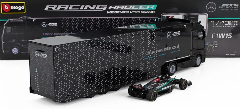 Model Mercedes AMG F1 W15 BBurago #63 George Russell 2024 s kamionem Mercedes Actros 1:43