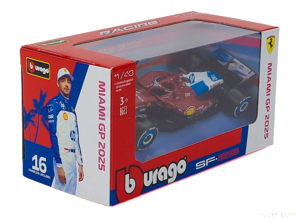 Model Scuderia Ferrari SF-25 BBurago #16 Charles Leclerc Miami GP 2025 1:43